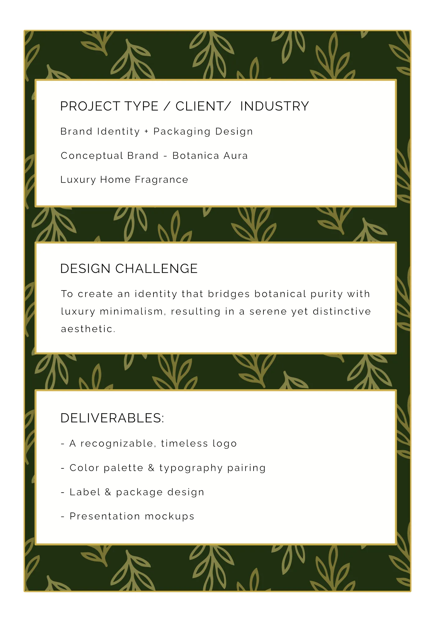 Botanica Aura project type, challenge, and deliverables presentation page.