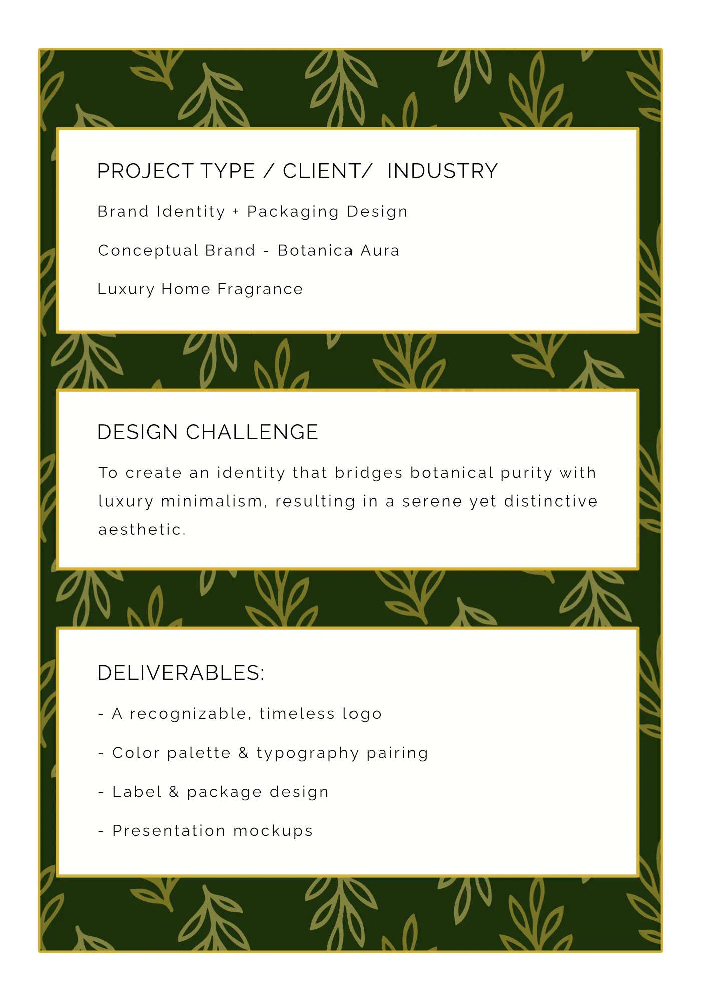 Botanica Aura project type, challenge, and deliverables presentation page.