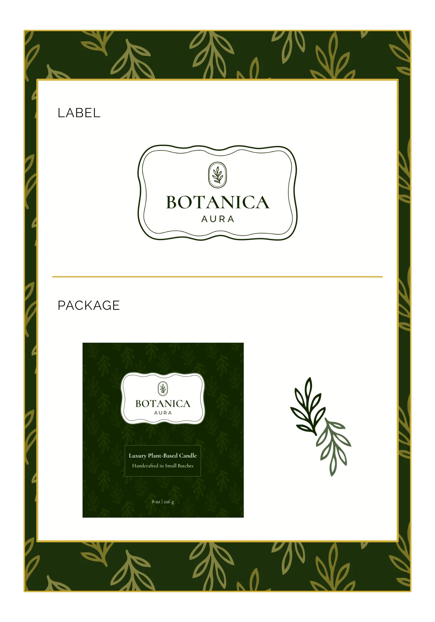 Botanica Aura label and package design presentation page.