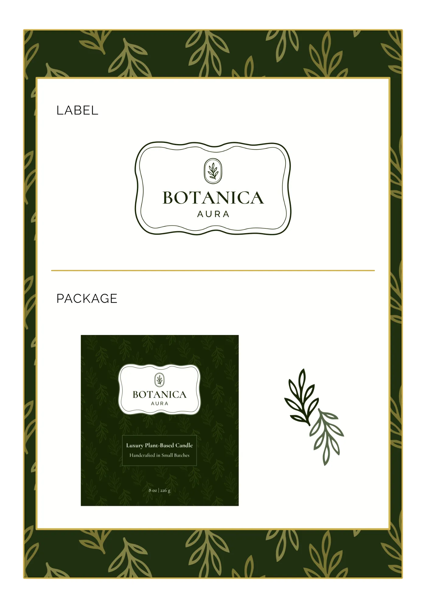 Botanica Aura label and package design presentation page.