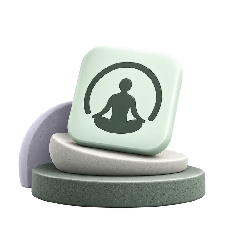 Minimal Meditation app logo on mint, stone, and lavender display platforms.