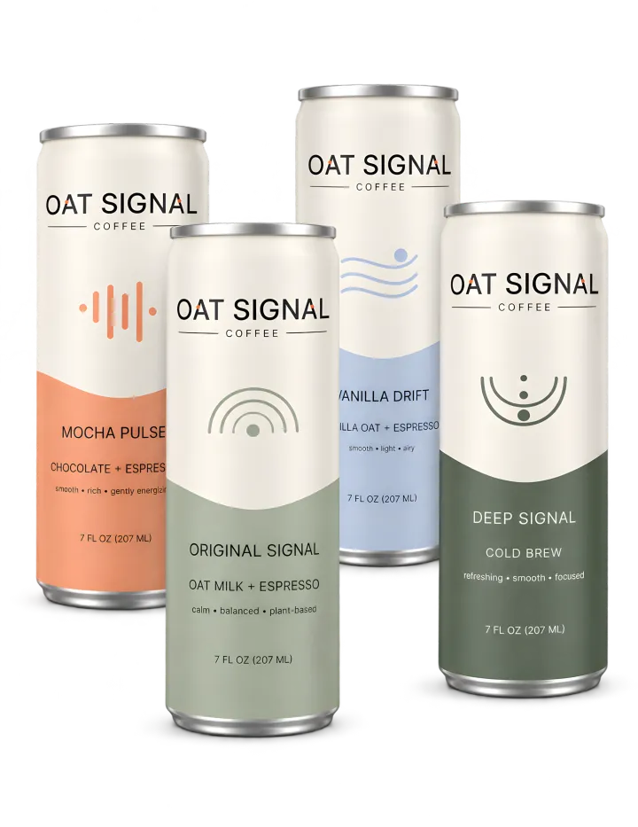 Four Oat Signal canned coffee flavors in cream, orange, blue, and green packaging.