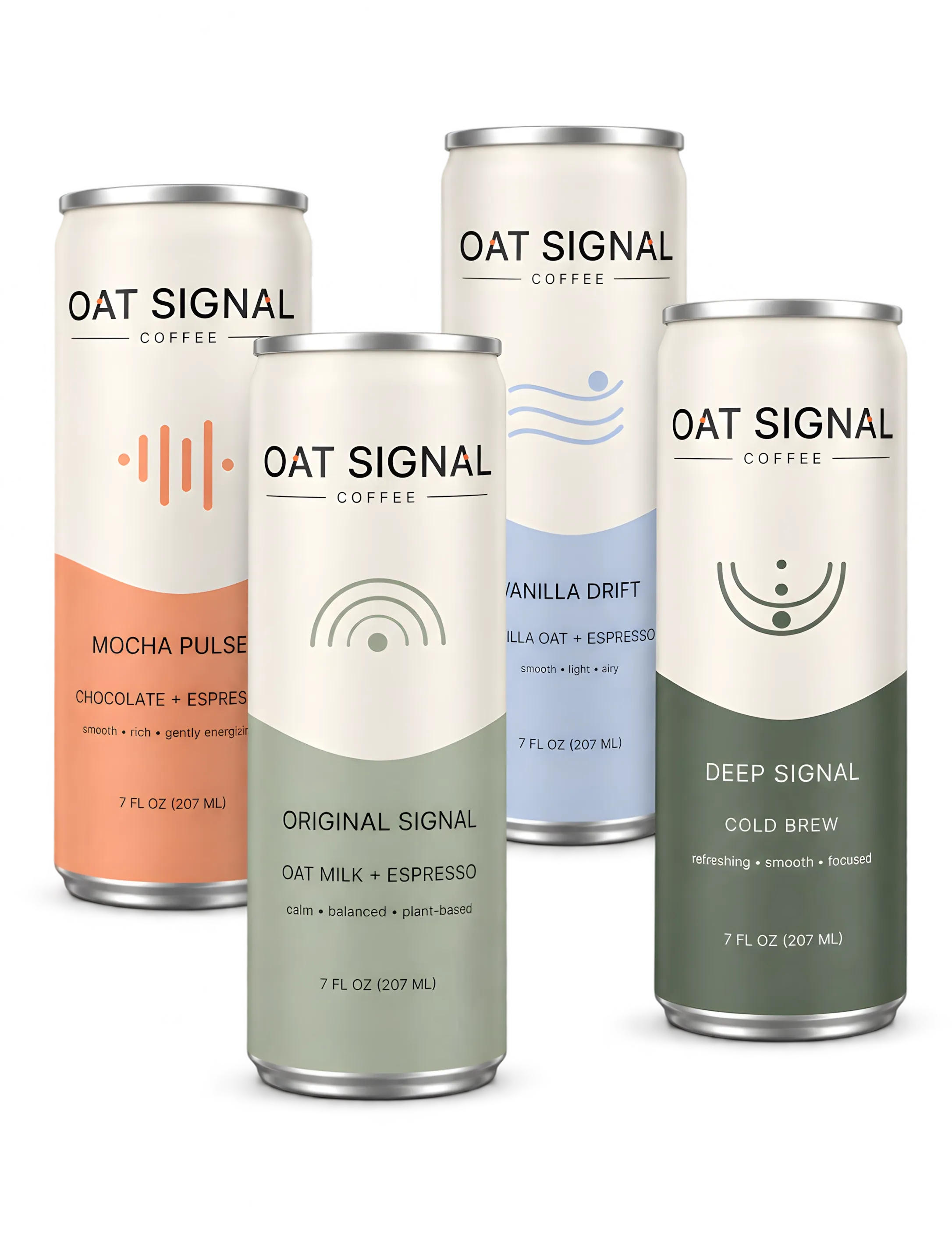 Four Oat Signal canned coffee flavors in cream, orange, blue, and green packaging.