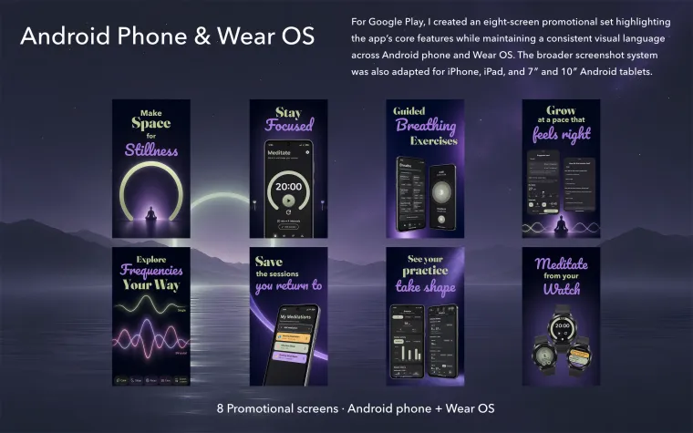 Eight promotional screenshots showcasing Minimal Meditation on Android phone and Wear OS.