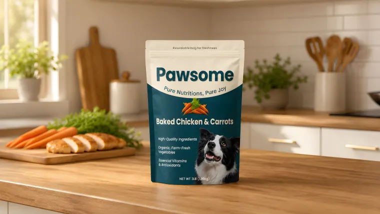 Pawsome dog food packaging row preview.