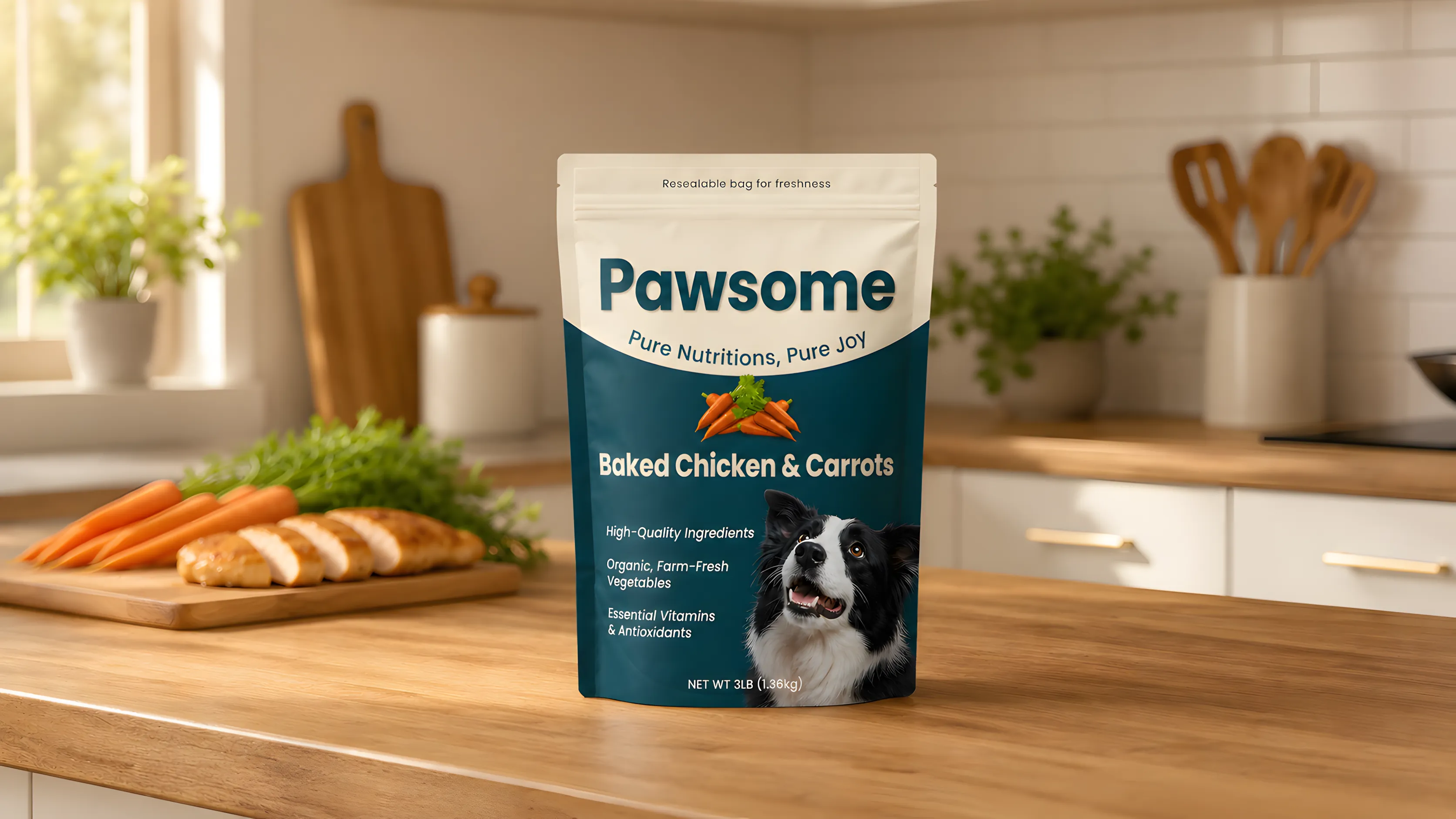 Pawsome dog food packaging row preview.