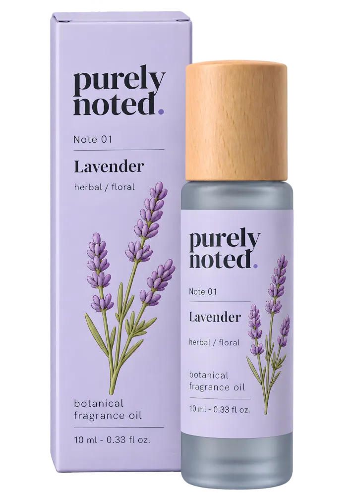 Purely Noted lavender fragrance oil bottle and coordinating box packaging.