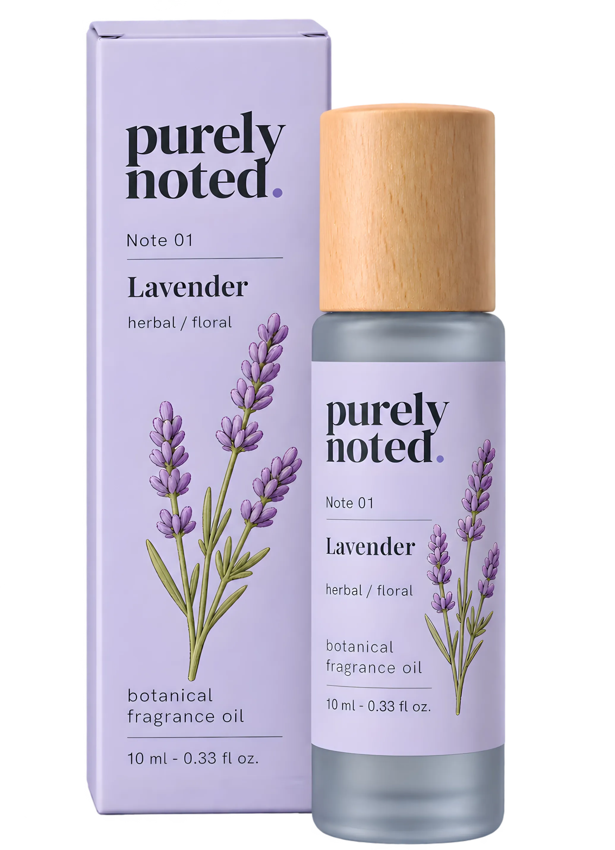Purely Noted lavender fragrance oil bottle and coordinating box packaging.