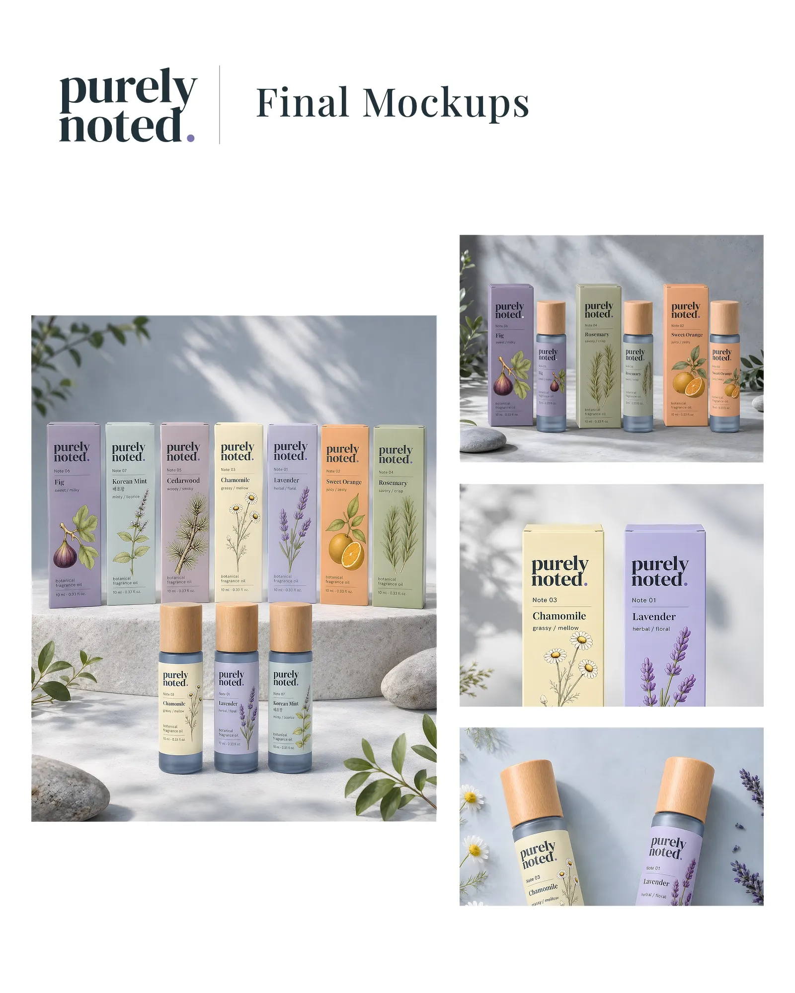 Purely Noted final fragrance oil packaging mockups.