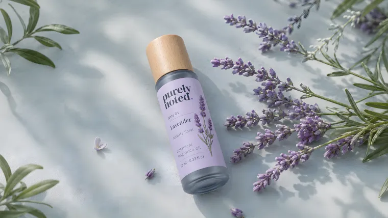 Purely Noted lavender botanical fragrance oil with fresh lavender sprigs.
