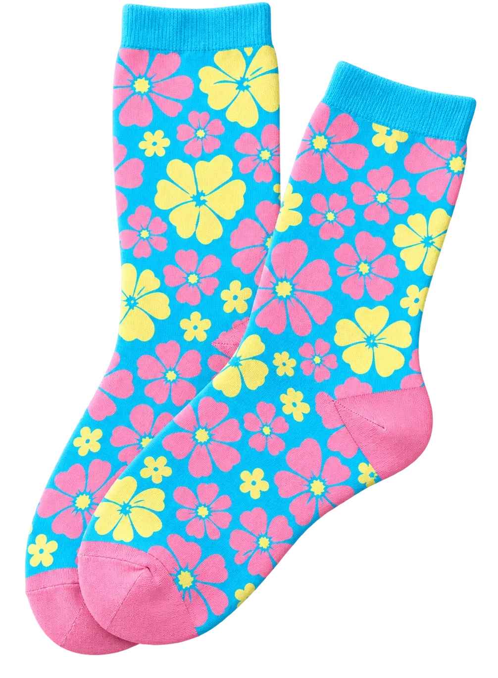 Bright blue socks covered in pink and yellow floral patterns.