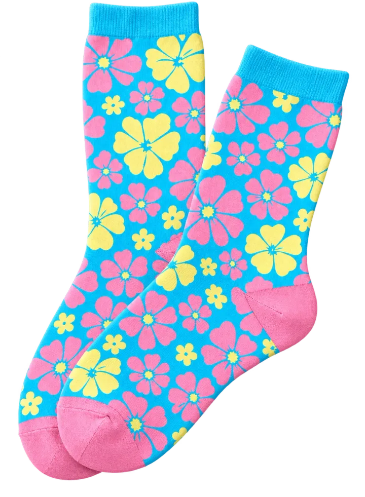 Bright blue socks covered in pink and yellow floral patterns.