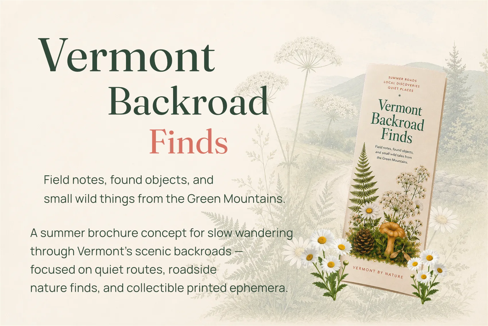 Vermont Backroad Finds brochure concept introduction and cover mockup.