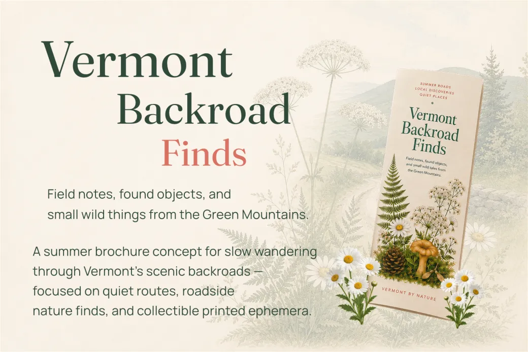 Vermont Backroad Finds brochure concept introduction and cover mockup.