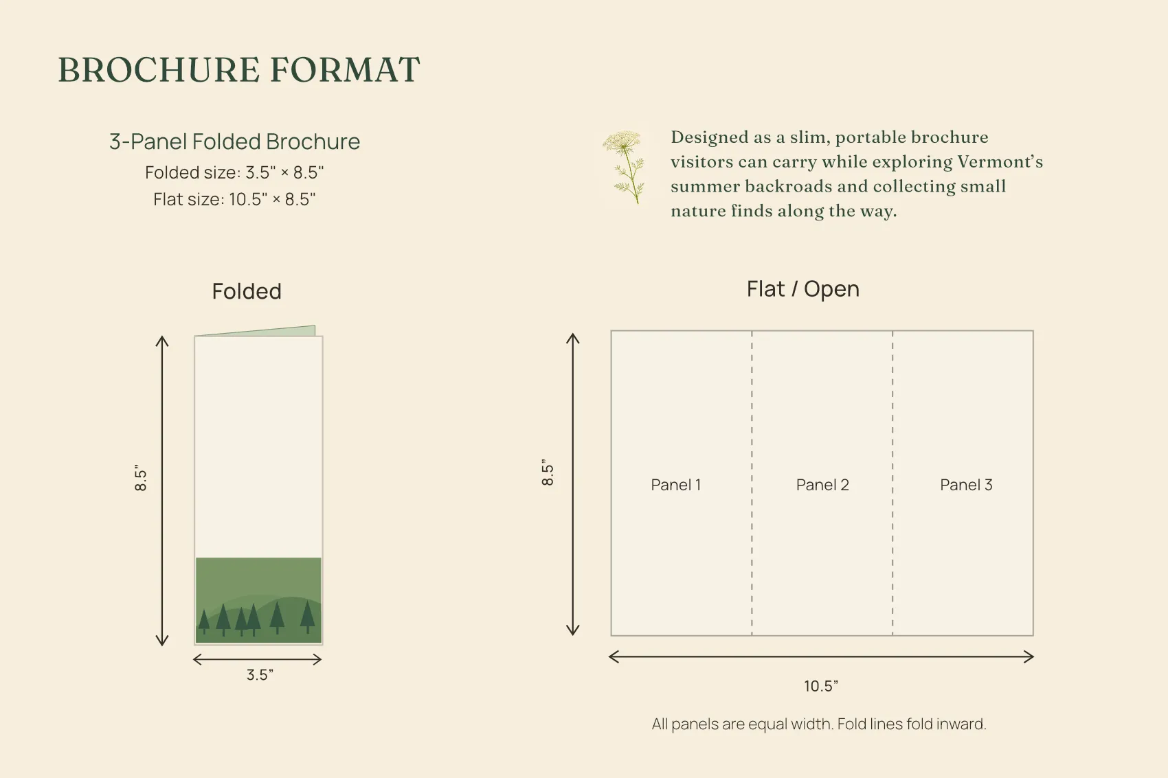 Vermont Backroad Finds three-panel folded brochure format and dimensions.