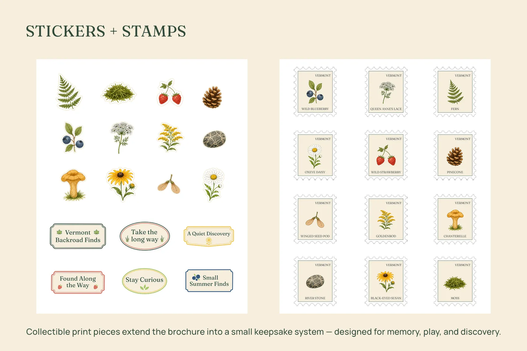 Vermont Backroad Finds collectible botanical sticker and stamp designs.