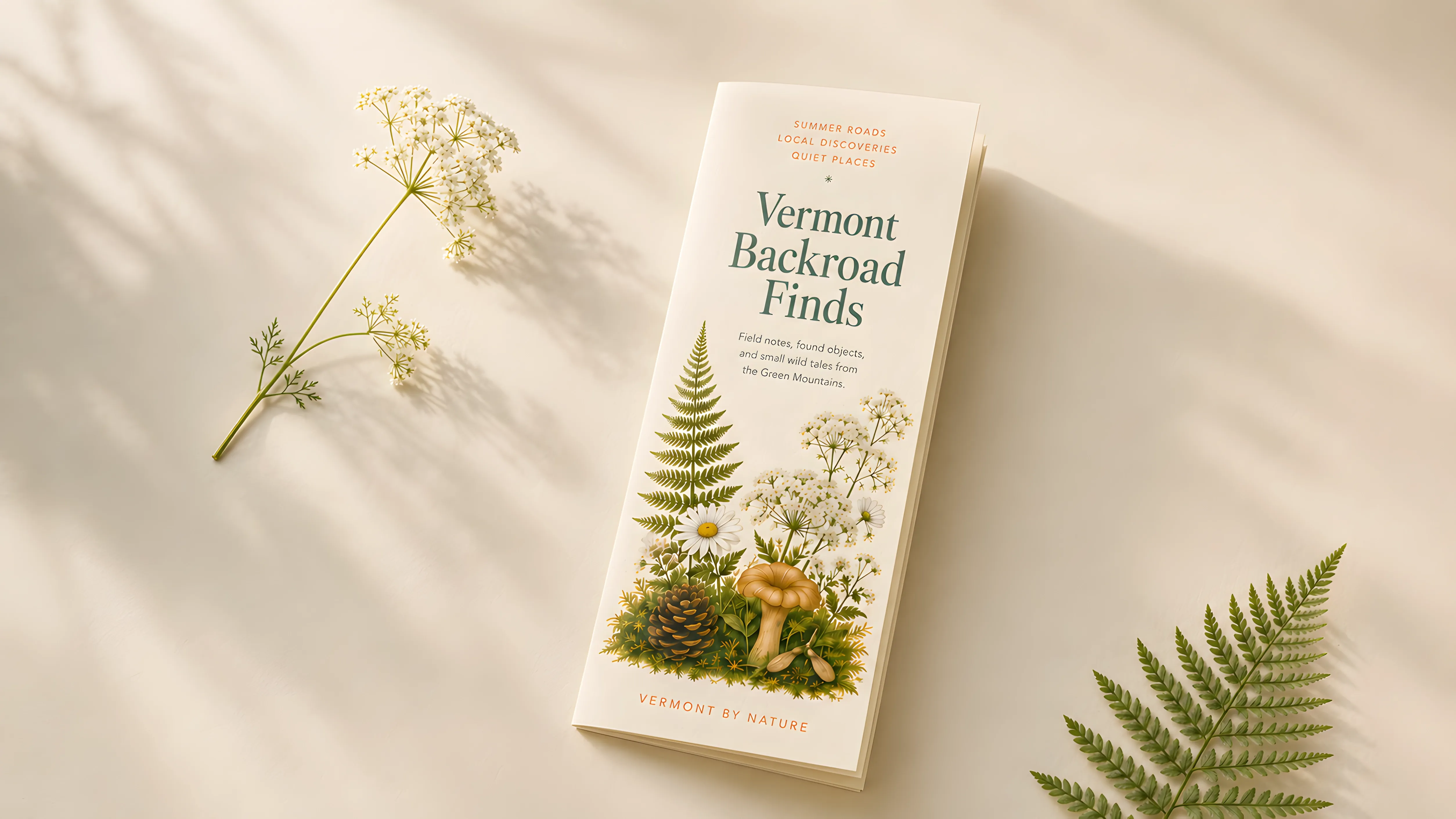 Vermont Backroad Finds folded brochure surrounded by summer botanicals.