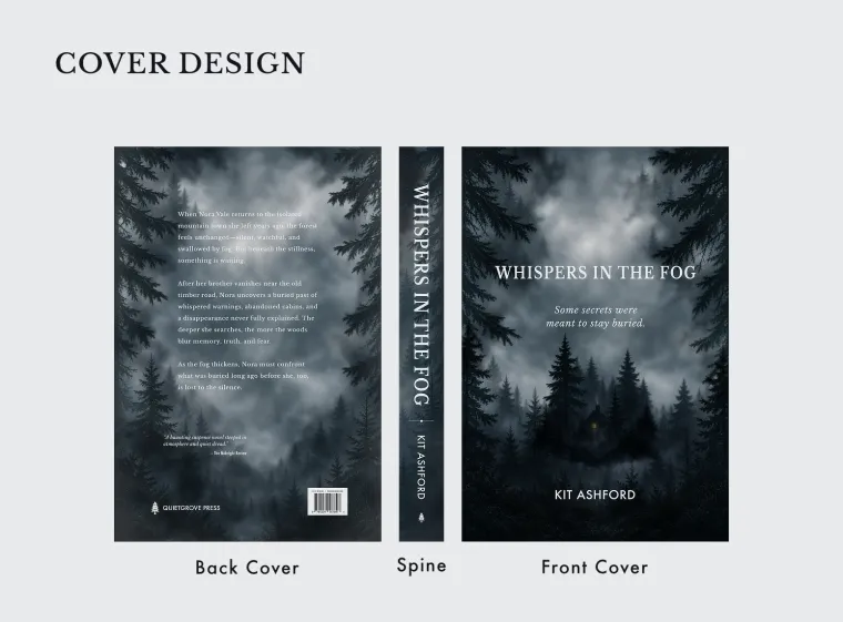 Whispers in the Fog full-wrap cover design presentation.