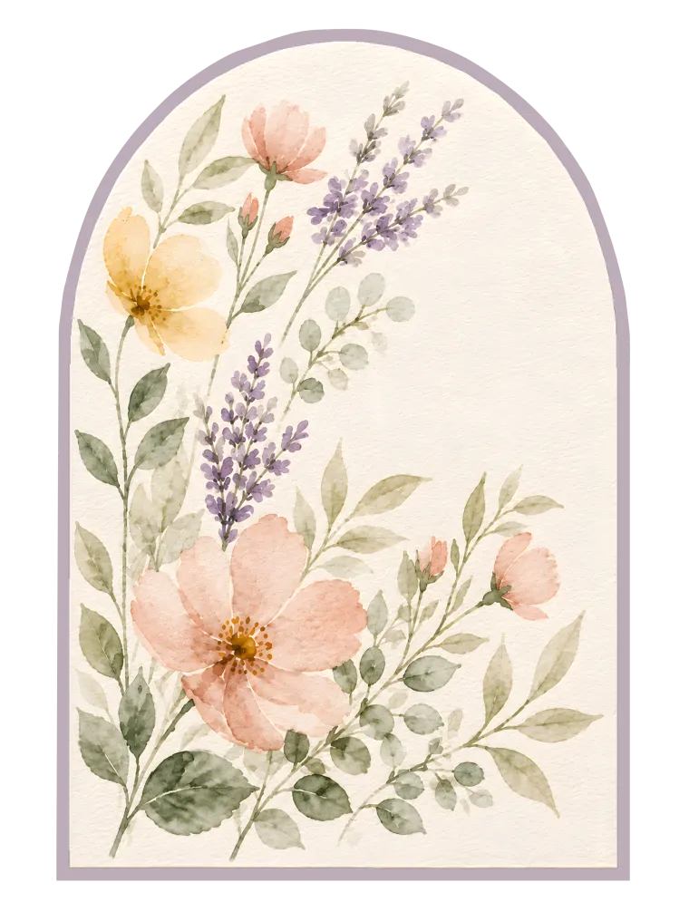 Watercolor botanical illustration with soft flowers and lavender inside an arched frame