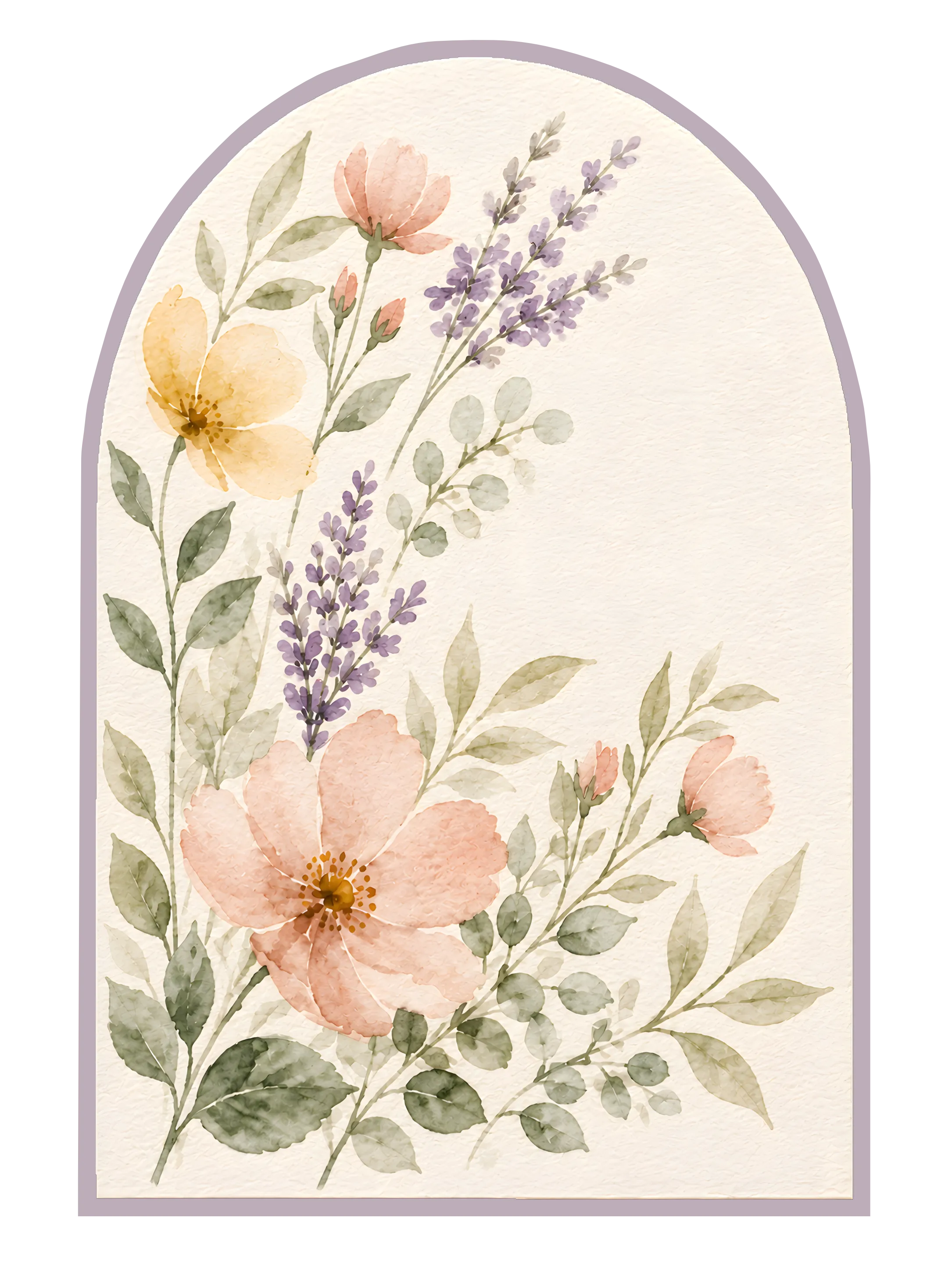 Watercolor botanical illustration with soft flowers and lavender inside an arched frame