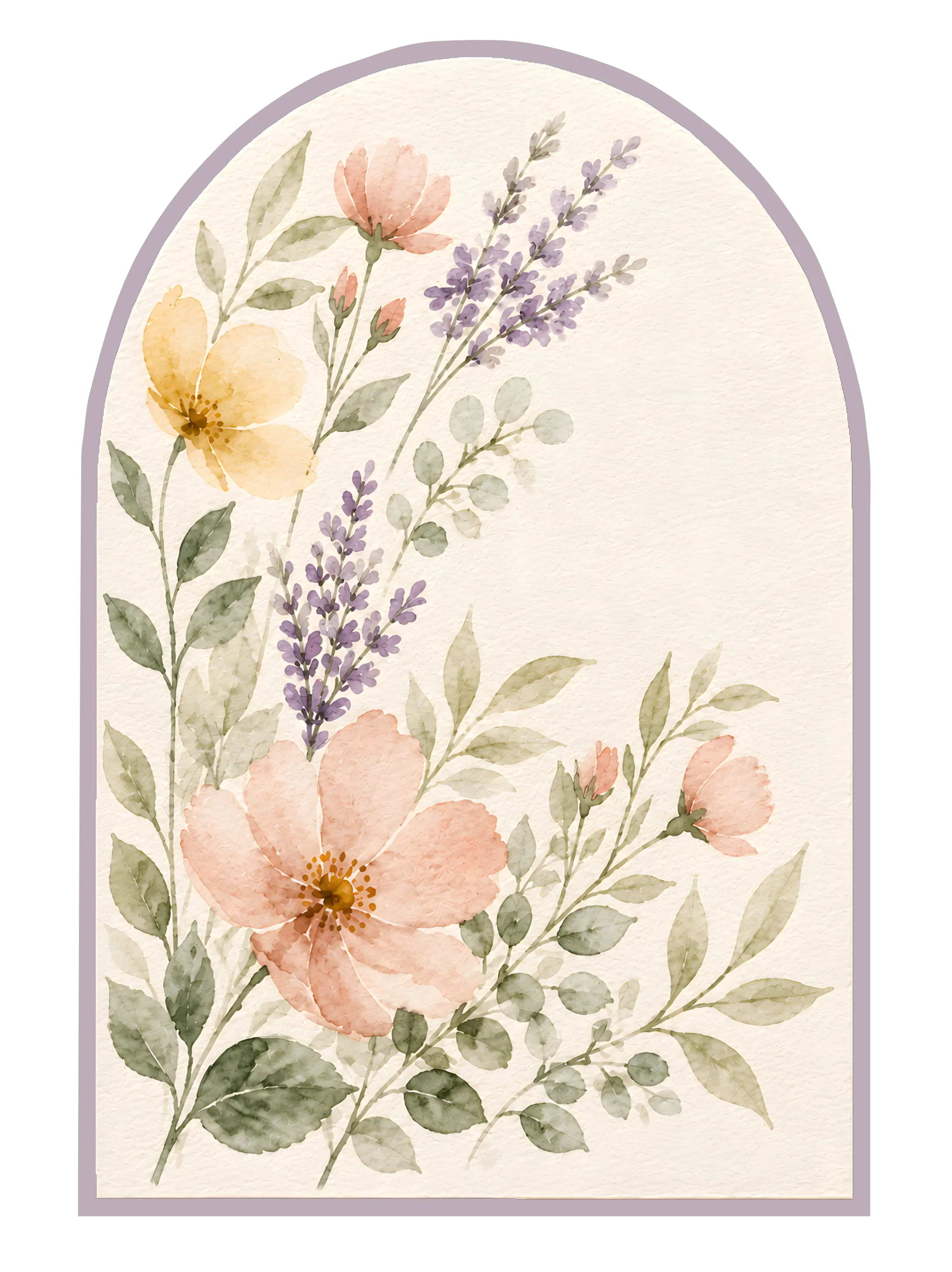 Watercolor botanical illustration with soft flowers and lavender inside an arched frame
